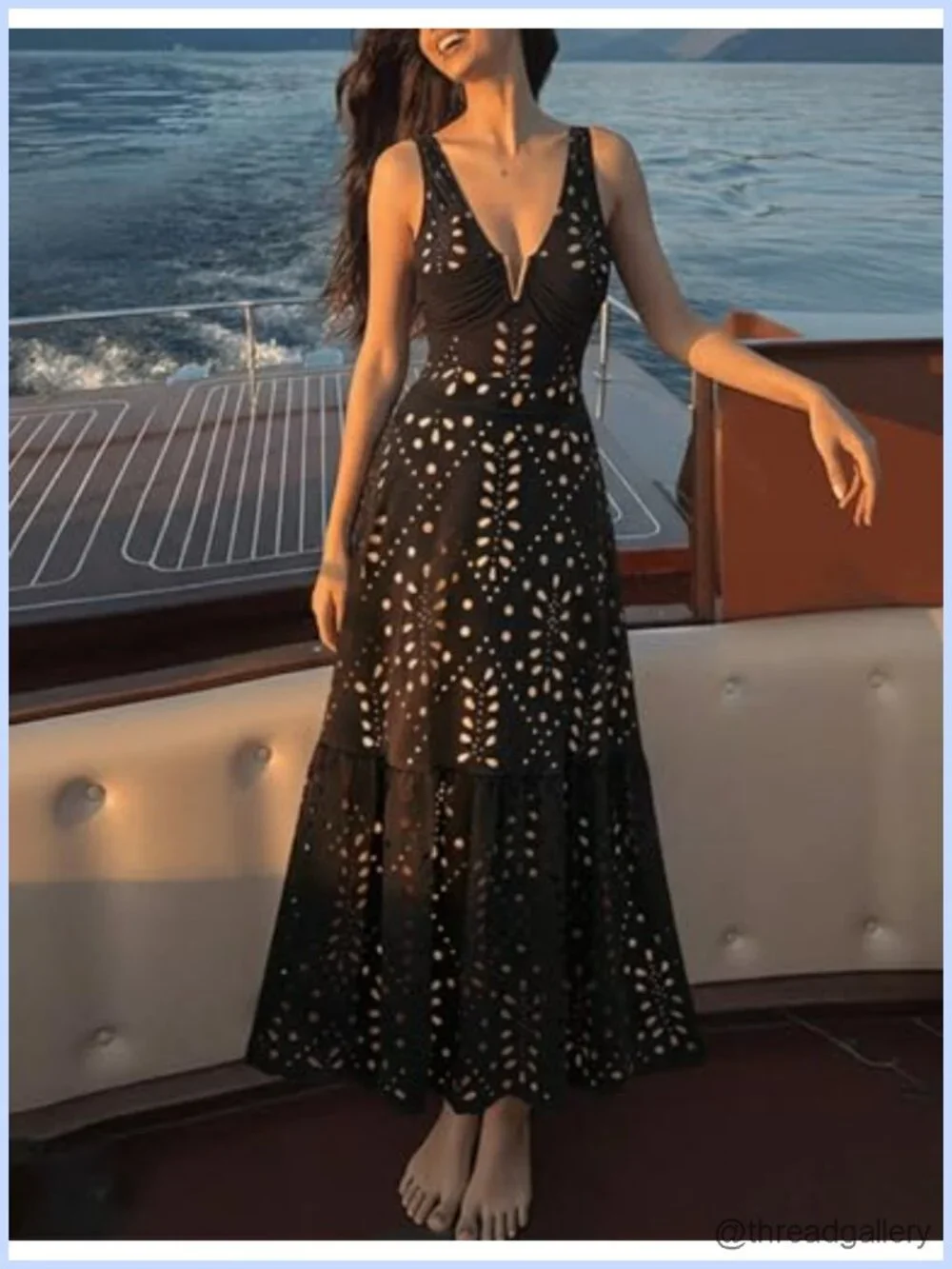 One Piece V Neck Laser Cut Flower Swimsuit with Skirt
